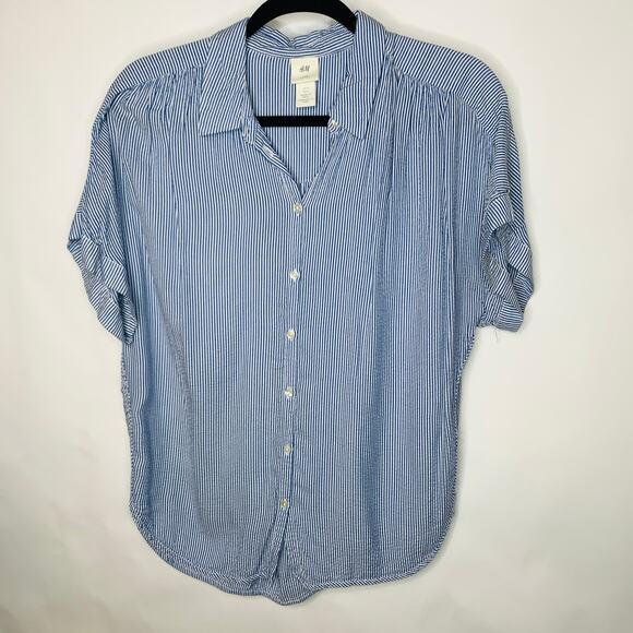 H&M Blue Vertical Pin Stripe Blouse Flowy Oversized Sz 4 - Picture 5 of 10